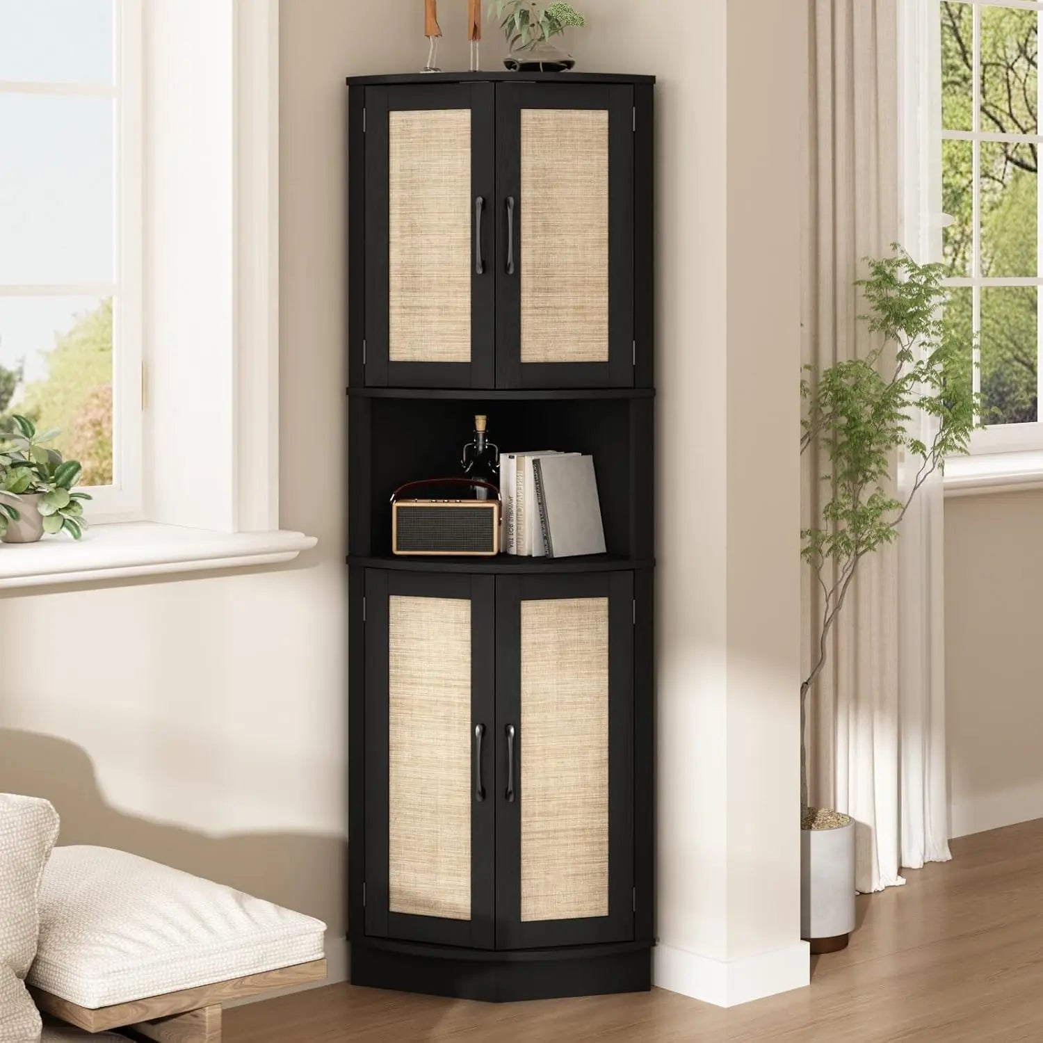 Tall Corner Cabinet, 64.7" Rattan Corner Storage Cabinet with 4 Doors and 5 Storage Shelves, Farmhouse Space Saver, Boho Shelf