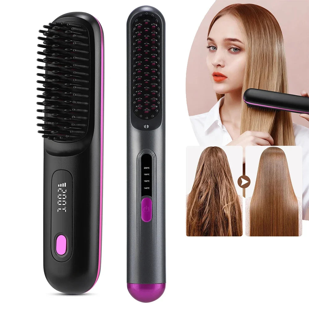 Cordless Hair Brush Straightener Electric Hot Heating Brush Negative Ion Hair Straightening Styling Comb Smoothing Nourish Hair