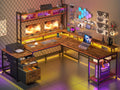 64 x 60 Inches L Shaped Desk with Hutch and Drawers, Gaming Desk with Power Outlet & Monitor Stand & LED Lights,  Corner Desk
