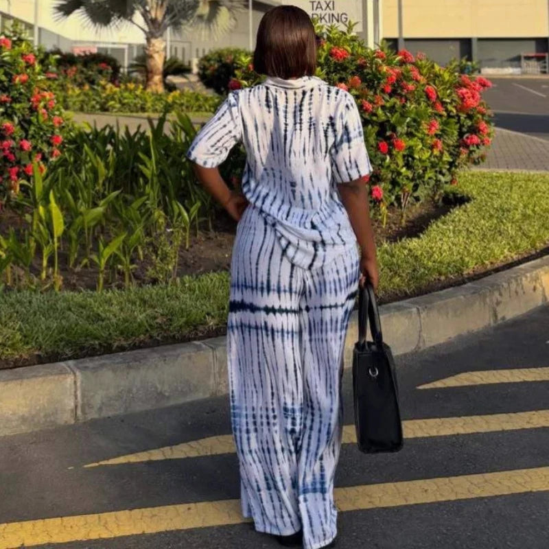 New African Fashion Women Two Piece Set Tie Dye Printed Short Sleeve Loose Shirt And Wide Leg Pants Set
