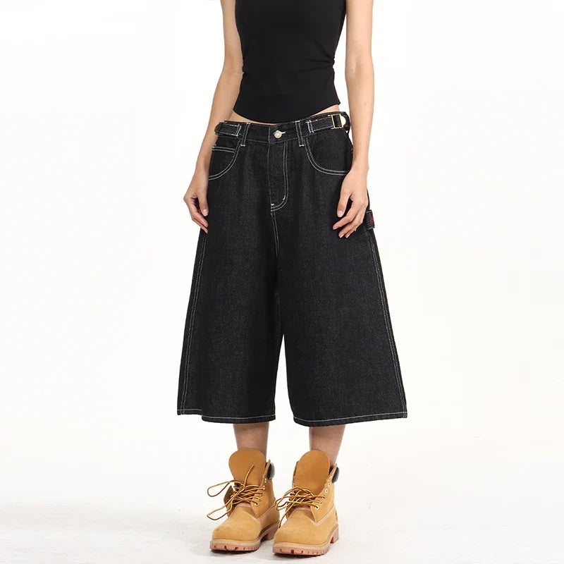American Retro Baggy Wide Leg 3/4 Length Jean Women Y2K  Vintage Spring Summer Streetwear Skater Pants Casual Simple Daily Wear