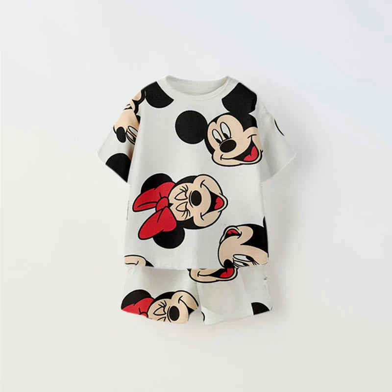 2026 Summer Outfits Minnie Full Print Tshirt Shorts Casual Sports Loose Clothes Baby Cute Fashion Wear Pink Tracksuits