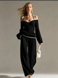 Women Sexy Off-shoulder Long-sleeved T-shirt Trousers 2piece Set Fashion Loose Elegant Color-blocked Pocket Trousers Female Suit
