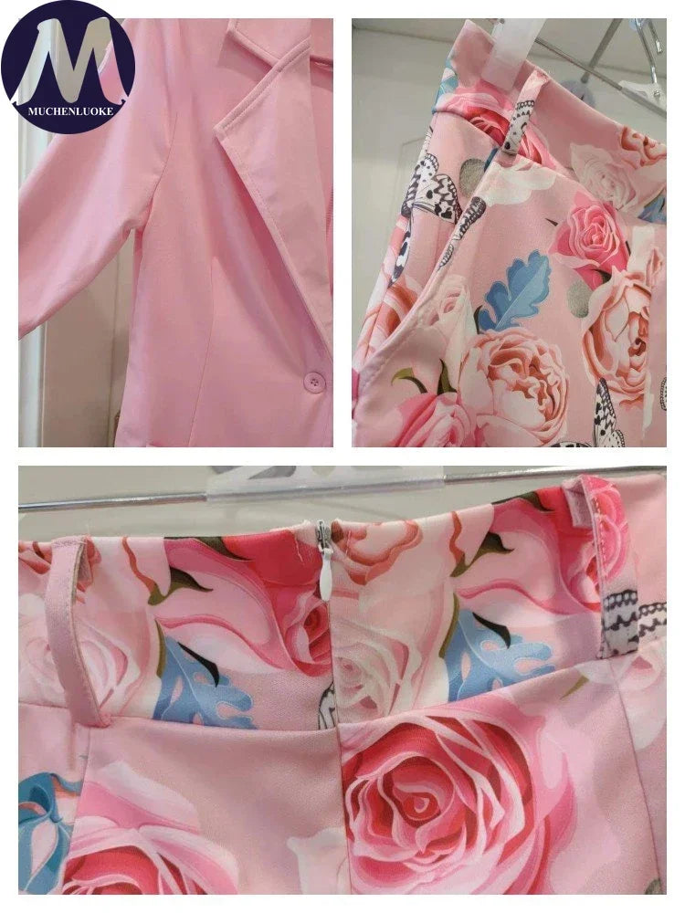 Set Woman 2 Pieces Spring Summer New Korean Fashion Casual Long Sleeve Blazer Coats Suits Elegant Printing Belt Shorts Sets