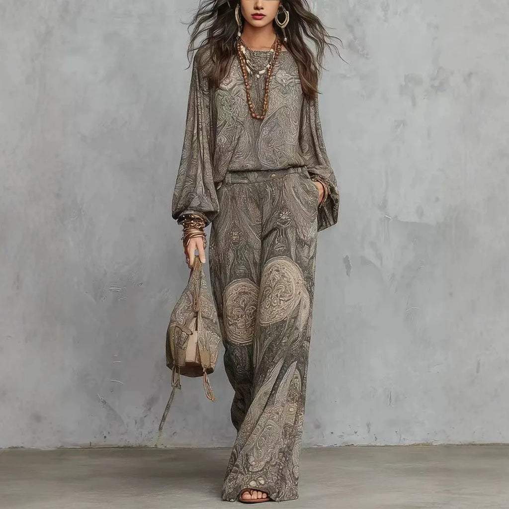 Boho Paisley Print Two-Piece Set for Women Sexy V-Neck Long Sleeve Blouse Top Wide Leg Pants Summer Casual Loose Suit Female Set