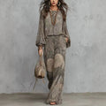 Boho Paisley Print Two-Piece Set for Women Sexy V-Neck Long Sleeve Blouse Top Wide Leg Pants Summer Casual Loose Suit Female Set