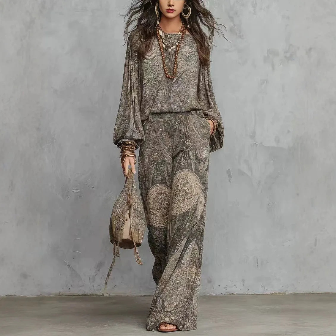 Boho Paisley Print Two-Piece Set for Women Sexy V-Neck Long Sleeve Blouse Top Wide Leg Pants Summer Casual Loose Suit Female Set