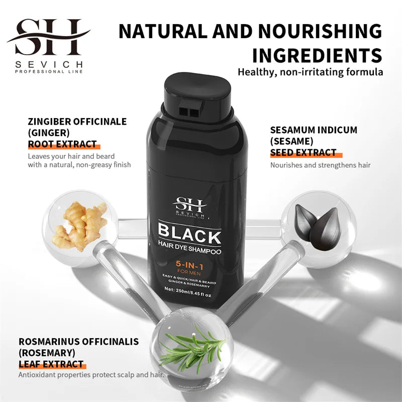 250ml Natural Black Hair Shampoo 5in1 Darkening Hairs Instant Gray To Black Shampoo Repair White Hair Care Black Beard Shampoo