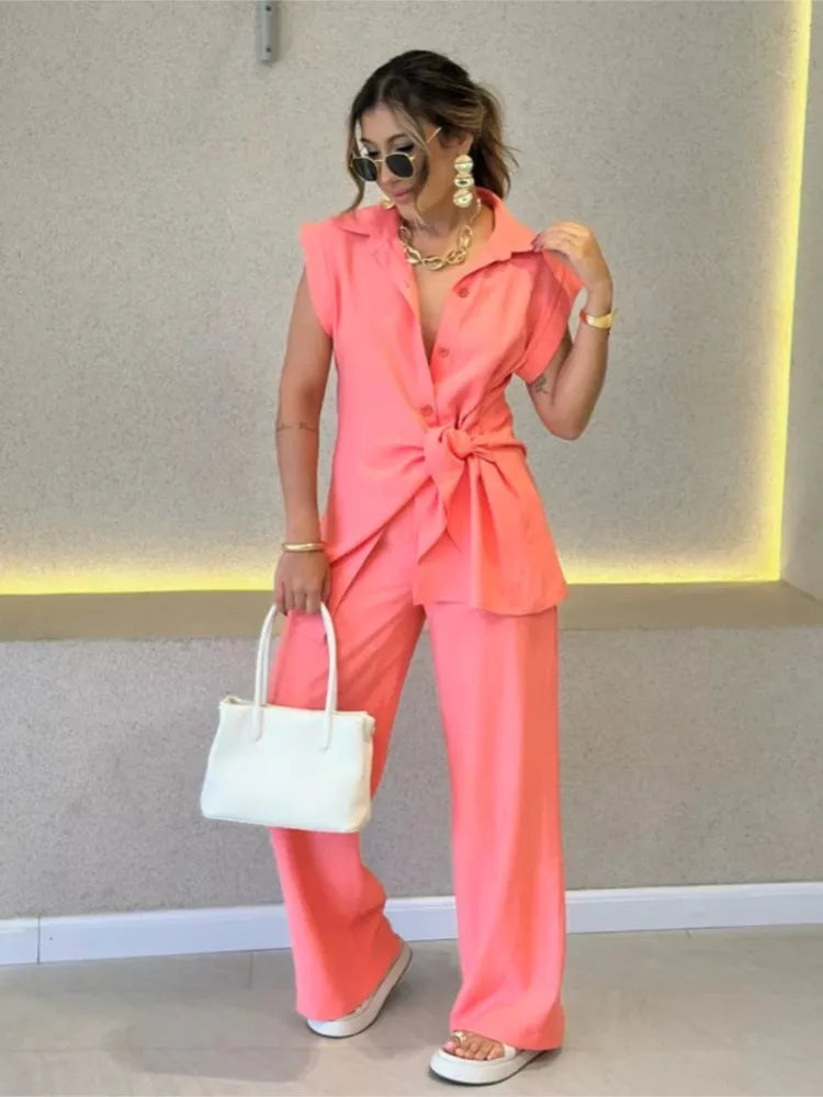Fashion Solid Color Pants Sets Women Three-point Sleeve Leace-up Shirts Trousers Two Piece Set Simple All-match Lady Clothing