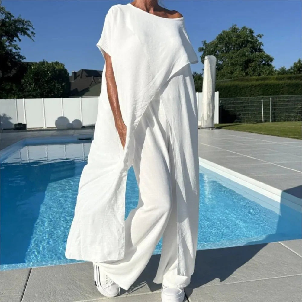 Women's Casual Loose Irregular Suit Solid Elegant Short Sleeved Round Neck Long Tops + Wide Leg Pants 2 Piece Set Summer Holiday