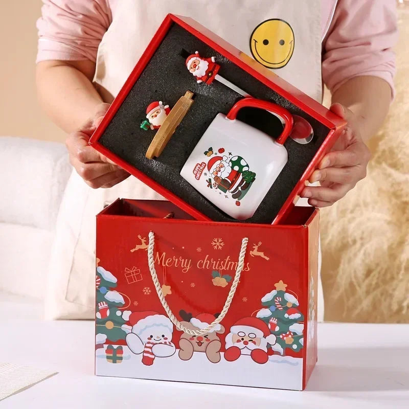 New Year Festive Christmas Xmas Theme Ceramic Mug Cup Set with Spoon and Lid Christmas Gift Box Mug Milk Coffee Tea Breakfast