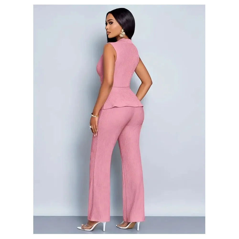 New Spring Summer Women's Trousers Two-piece Elegant Slim V-neck Sleeveless Irregular T-shirt Wide-leg Pants Office 2-piece Set