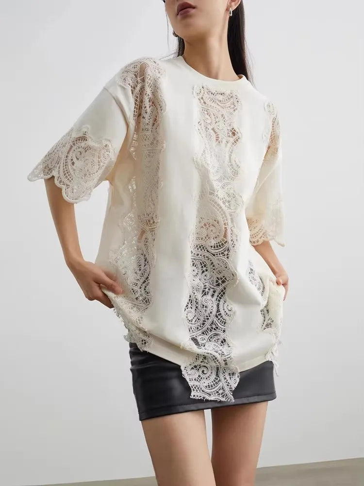 Women White Lace Hollow Out Top Short Sleeve Blouse Crochet Detail Casual Elegant Summer Shirt Fashion Clothing