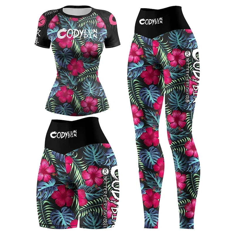 Flower Print Women Rash Guard Gym Clothes MMA Compression Yoga Wear Jiu Jitsu Rashguard T-shirt+Pants Boxing Grappling 4pcs/Sets