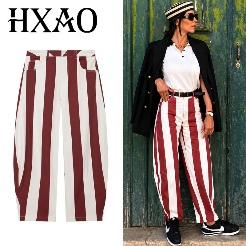 HXAO Women's Jeans Striped Denim Pants Women's High-waisted Jeans Baggy Wide Leg Long Trousers Casual Streetwear Female Bottoms