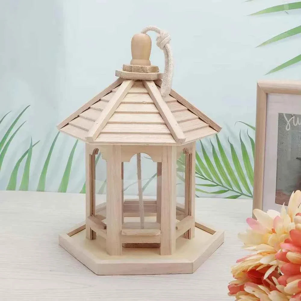 Bird House Ornaments House Shape Bird Feeder House Hanging Wooden Pet Feeder Box Bird Food Dispenser Balcony