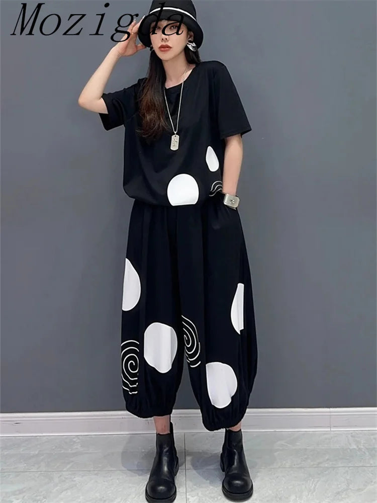Polka Dot Striped Print 2 Two Piece Set Women Summer Casual Fashion Short Sleeve Ladies T-Shirts Loose Wide Leg Woman Pants