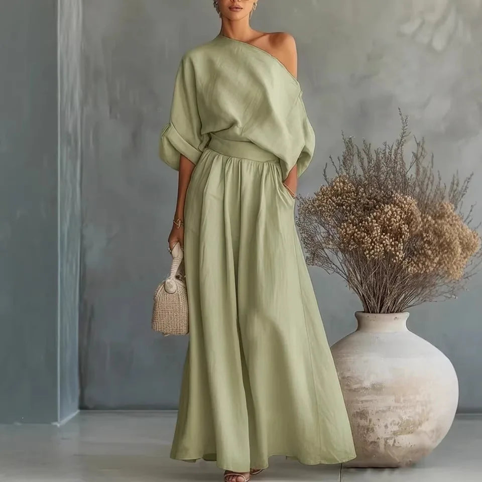 2026 Elegant Two-piece Short Sleeve Top & Casual Pants Set Woman Sexy Slash Neck Solid Suit Outfit Spring Fall Female Clothing