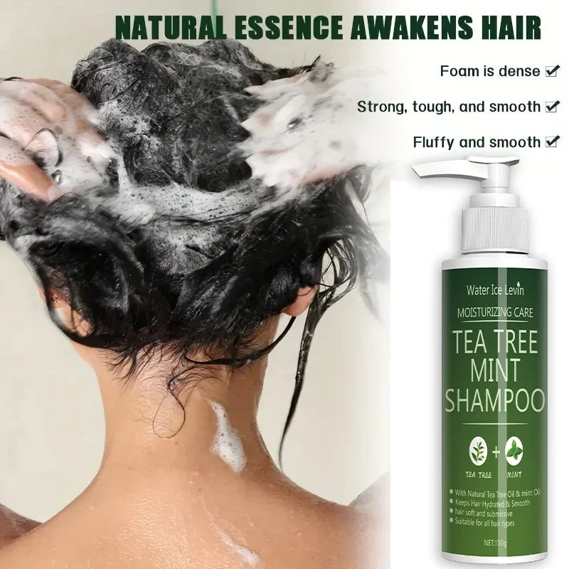 Tea Tree Mint Shampoo Natural Essence Revitalizes Hair. Dense Foam Cleansing. Strengthens and Smoothes. Adds Volume Shine.