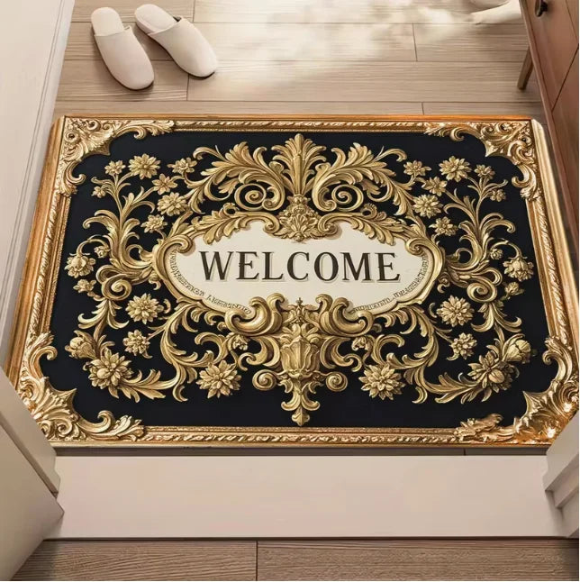 Elegant 3D Gold Frame Welcome Door Mats Water Absorbing Bathroom Mat Floral Design Blue and Gold Home Entrances or Bathrooms
