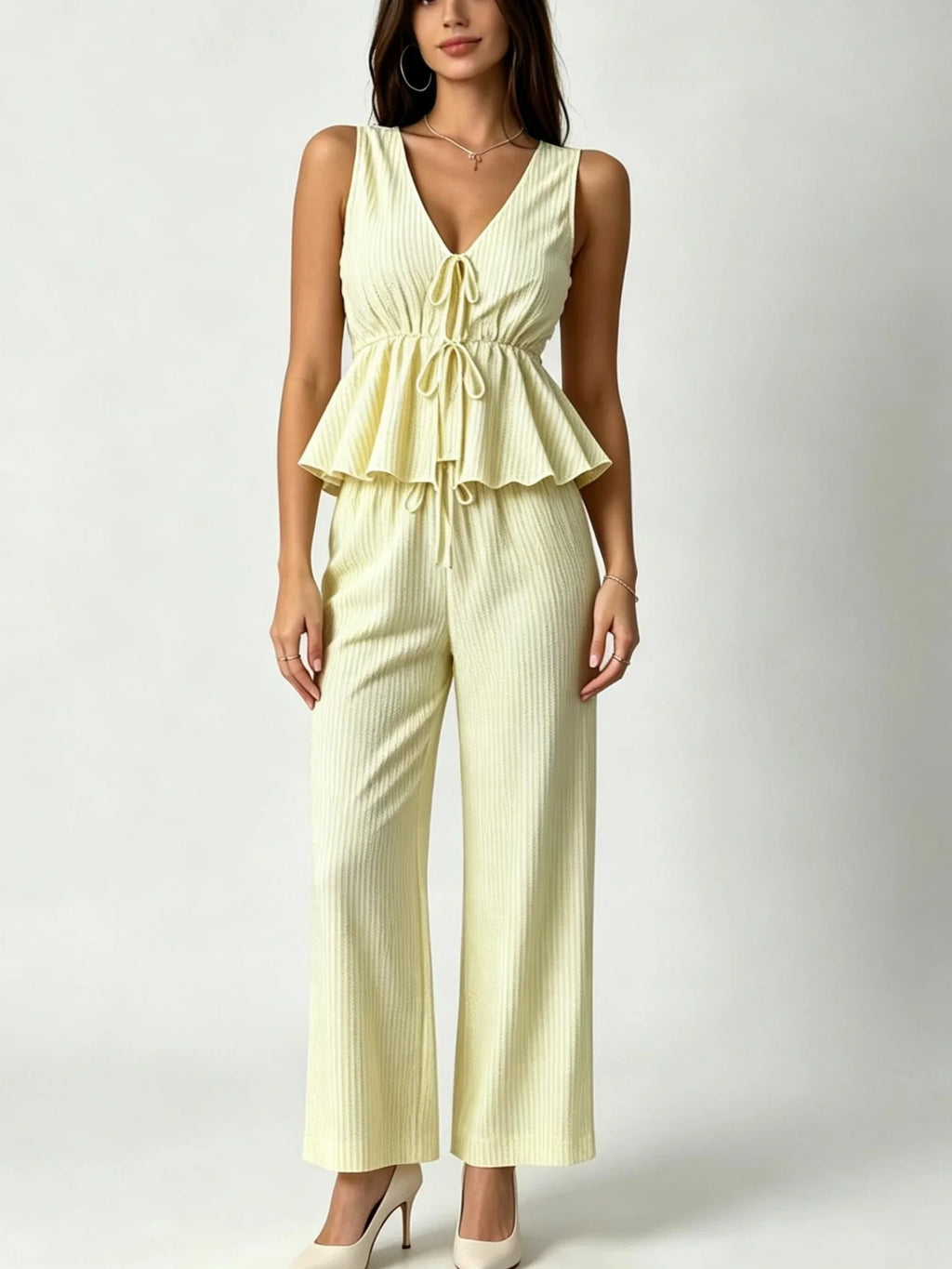 Solid Cami Wide Leg Pants Set | Tie Waist Loose Fit | Summer Two Piece Casual Outfit