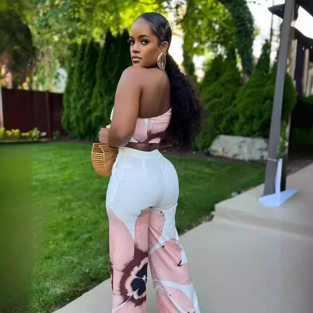 Women Set Floral Print Sleeveless Skew Collar Tops +Wide Leg Pants Two 2 Piece Set Outfit  Summer Street Tracksuit