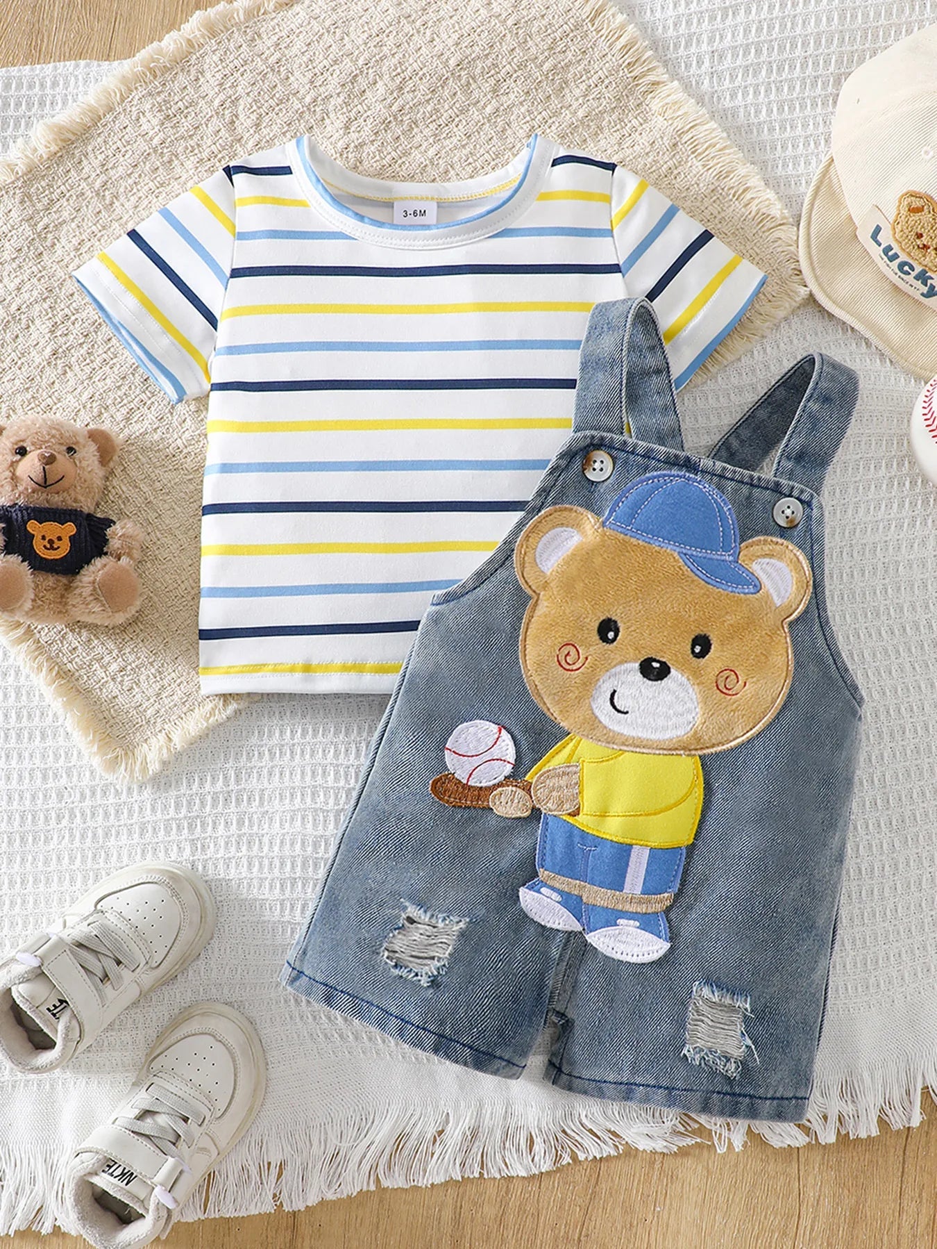 Baby Boy Striped Short-Sleeved T-Shirt + Bear Denim Overalls Shorts Set, Cute Summer Two-Piece Set, Soft and Breathable Childlike Outfit