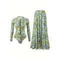 Vintage Green Leaves Print One Piece Swimsuit Long Skirt Sets Women Long Sleeve Zipper Slim Fit Bathing Suit Surf Swimwear 2026