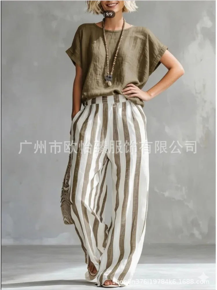 Fashion Linen Printed Striped Trousers Short-sleeved Women 2piece Set Summer New Retro Loose Wide-leg Trousers Female Casual Set