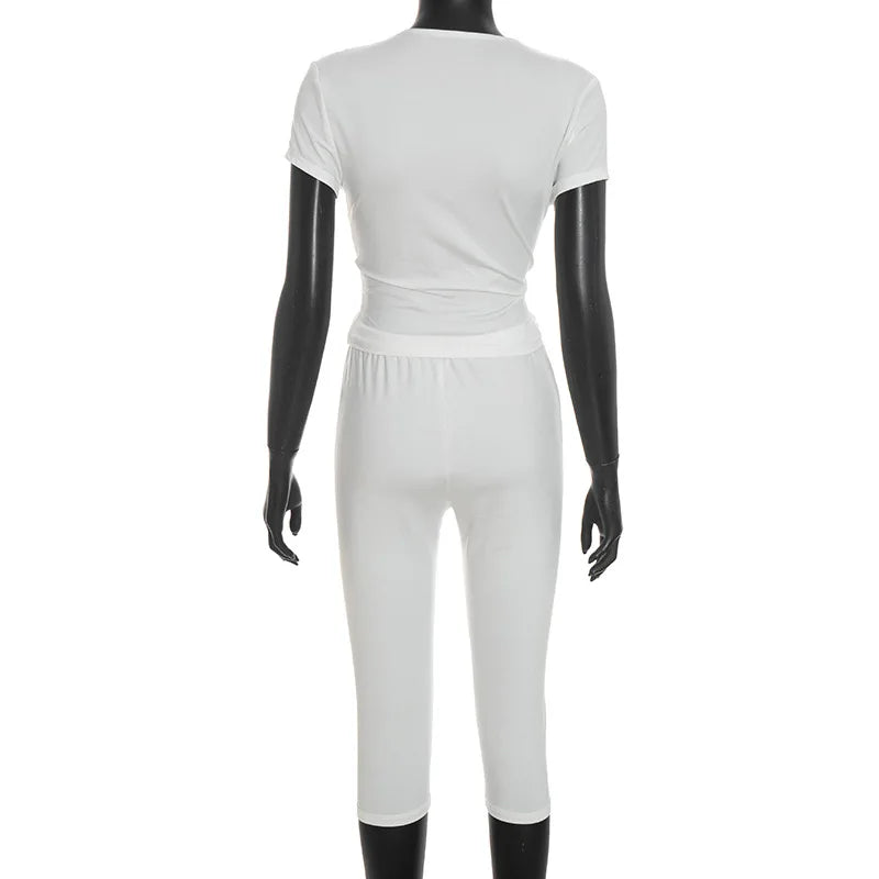 Stylish Lady Cross V Neck Ruched Short Sleeve Two Piece Set High Waist Capri Pants 2026 Women Solid Bodycon Casual Tracksuit