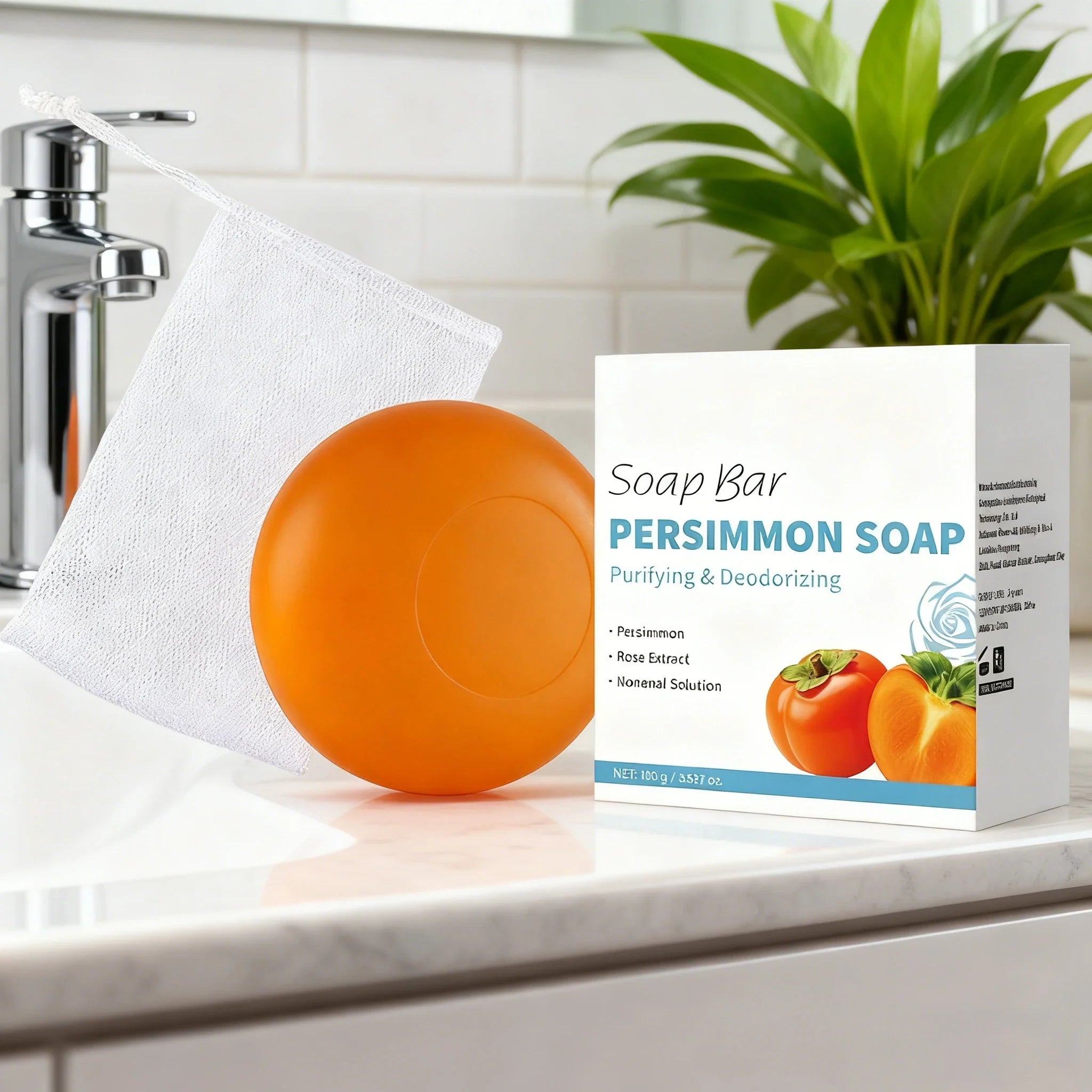 Persimmon Soap Bar Japanese Persimmon & Green Tea Extract For Men and Women Gentle on All Skin Types Deodorizing Soap Rose Scent
