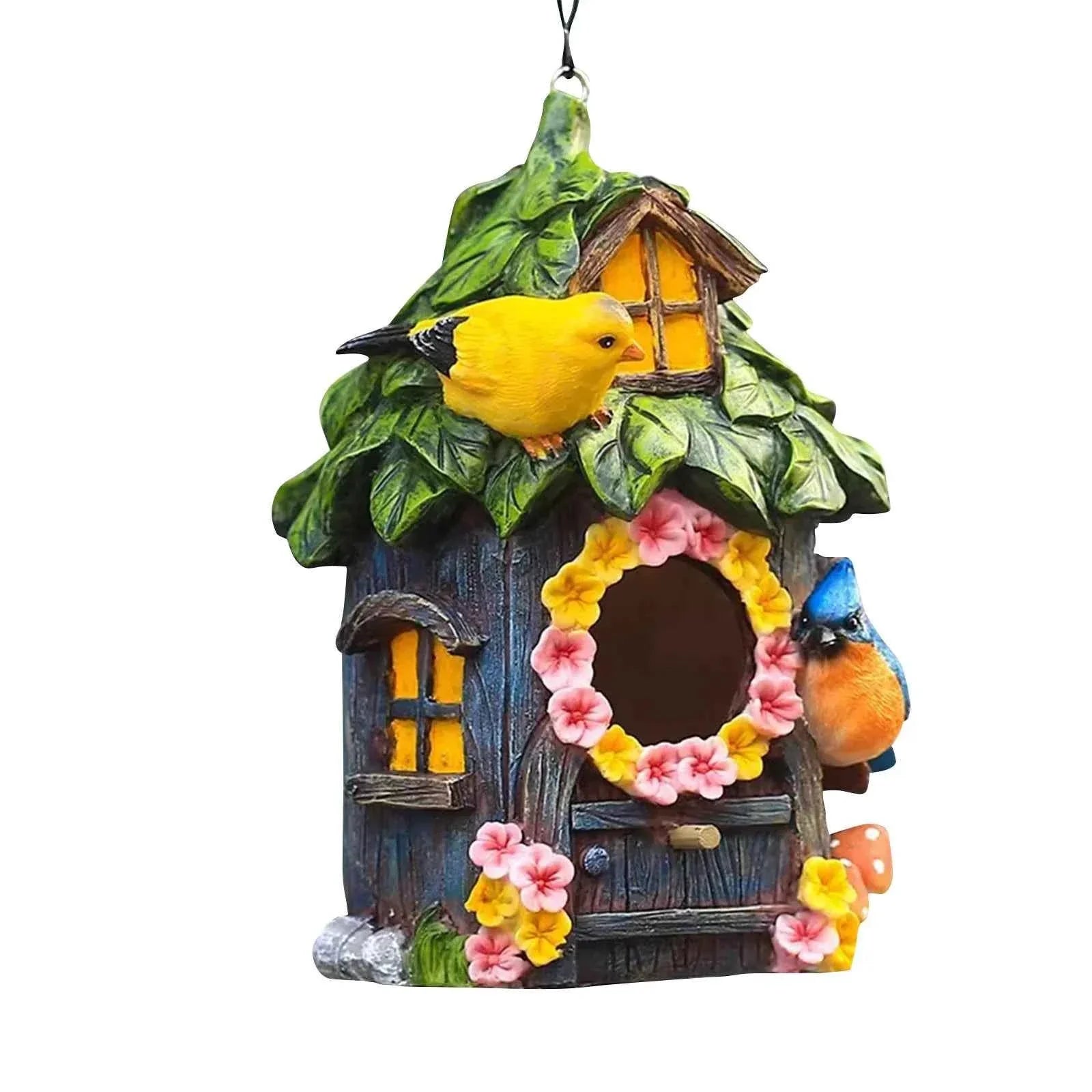 Birdhouse Garden Decor Hanging Outdoor Ornament Resin Craft Floral Design Bird Hut Backyard Accent Pet Shelter Bird House
