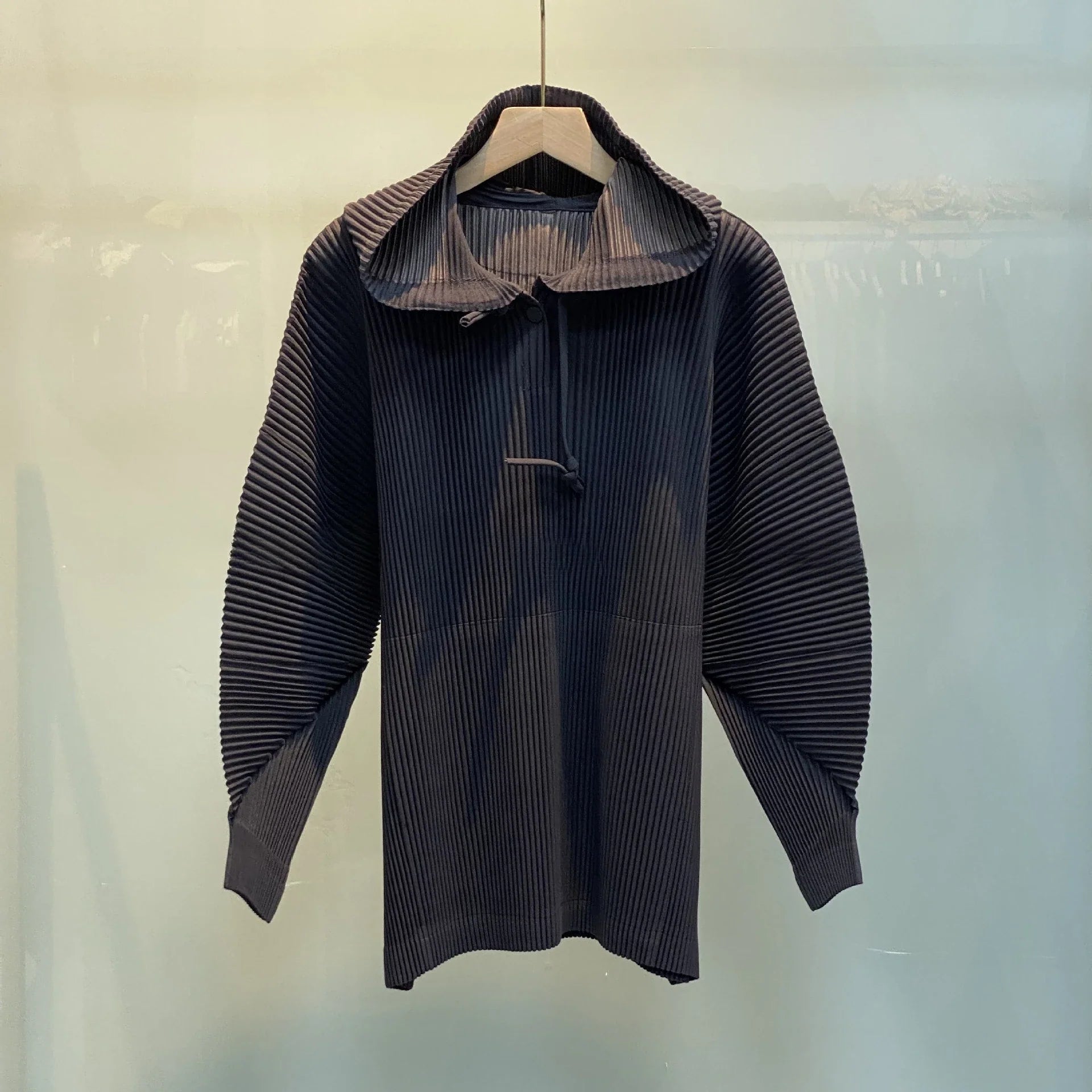 Miyake Pleated Sweatshirt Pit Stripe Zipper Standing Collar Jacket Women 2025 New Casual Pullover Hundred Pleat Skinny Tops
