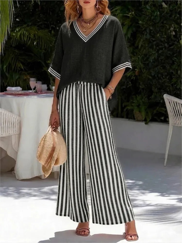 V-neck Short-sleeved Tops Striped Wide-leg Pants Two-piece Set 2026 Spring Summer New Women's Fashion Casual Loose Two-piece Set