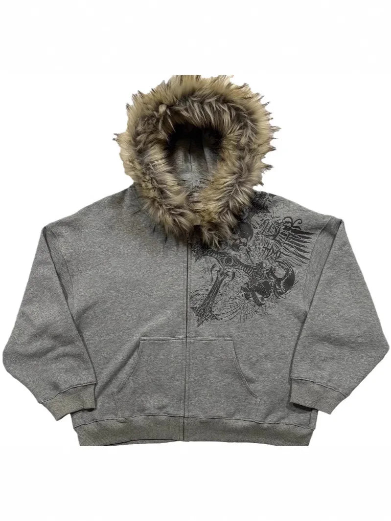 Autumn/Winter Y2k Women Aesthetic Harajuku Faux Fur Collar Hoodies Clothes Graphic Hip Hop Punk Gothic Zip Up Hoodies 2025 new