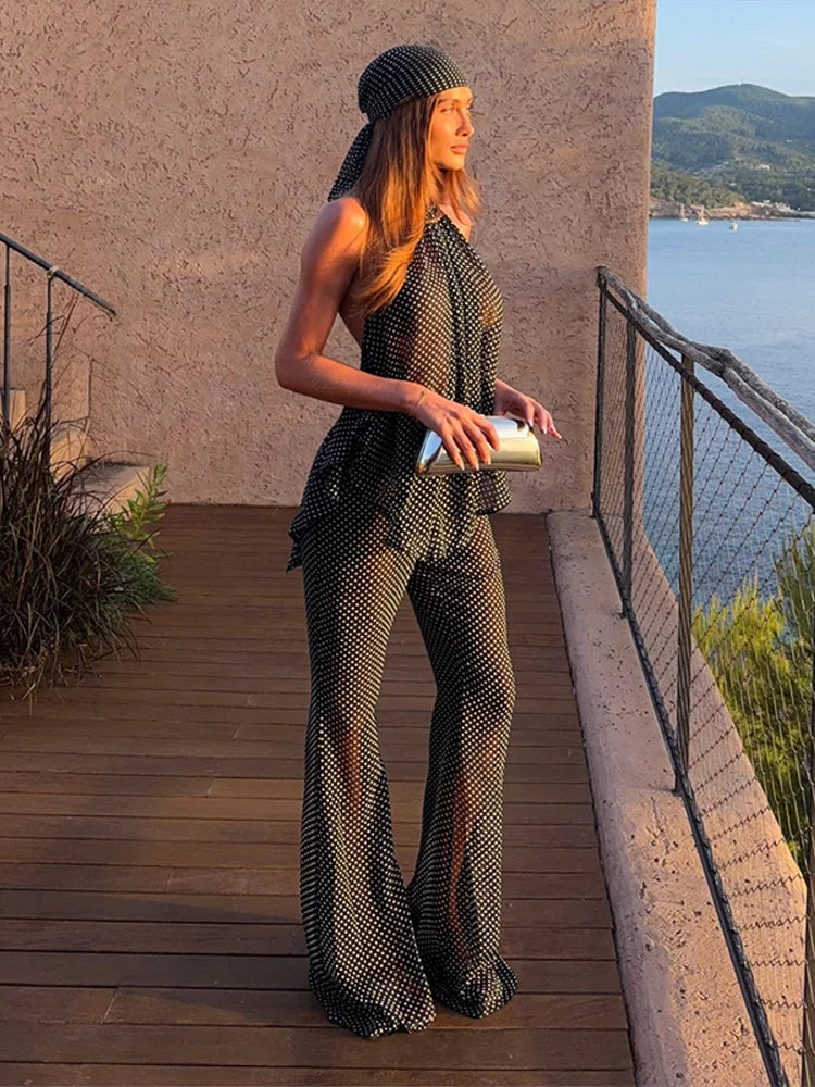 Striped Printed Women's Vest Trousers Suit Sleeveless Backless Halter Top Long Pants Lady Set 2026 Summer Autumn Female Sets New