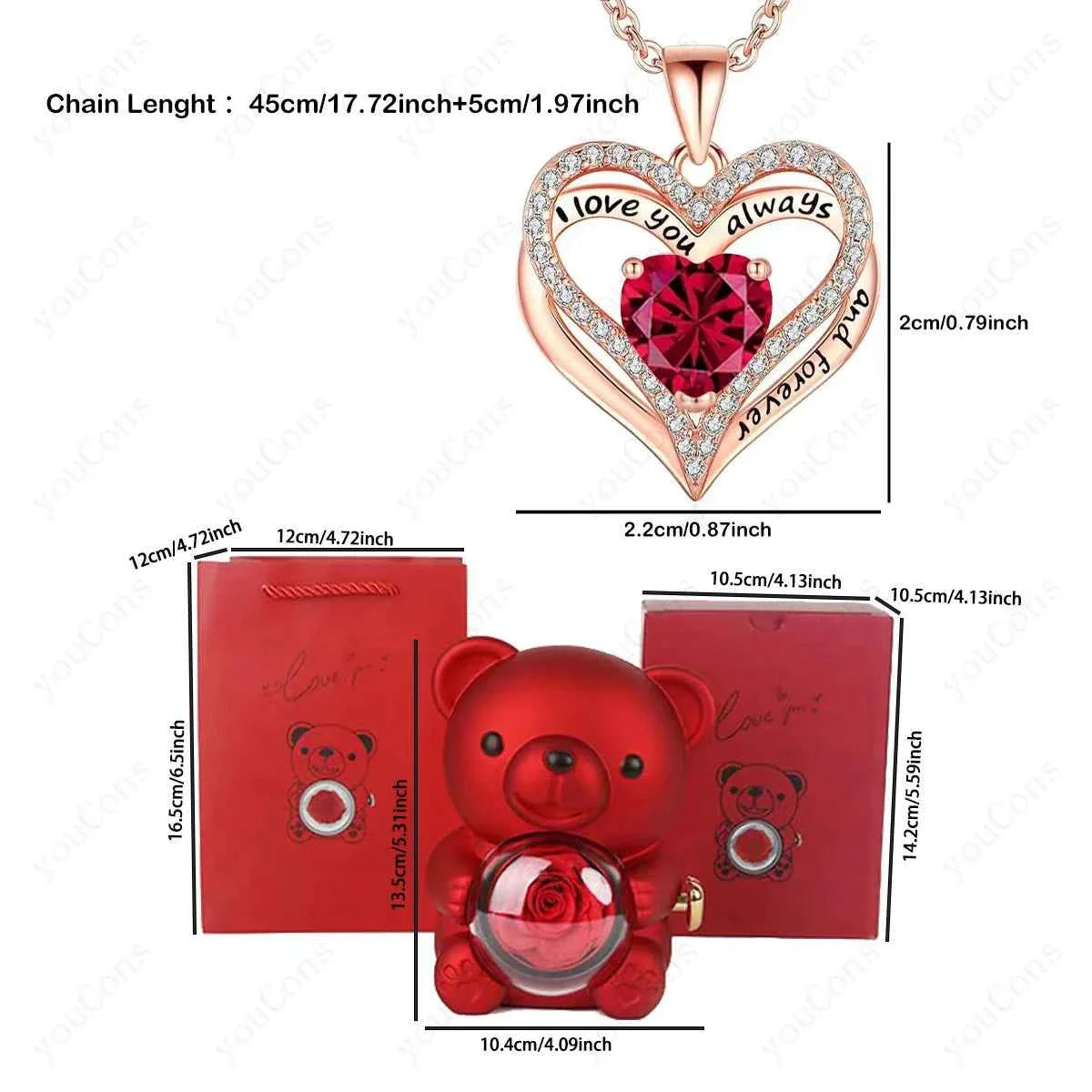 Red Heart Pendant Necklaces With Cute Bear Rose Gift Box For Women Mother Day 2026 Christmas Valentine Wedding Birthday Jewelry
