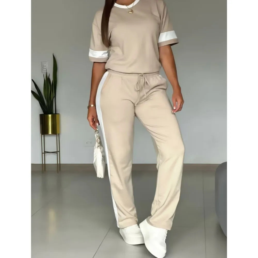 Spring Summer New Casual Sports T-shirt Short-sleeved Suit Women Fashion Splicing Side Stripes Simple Trousers 2 Piece Set 2026