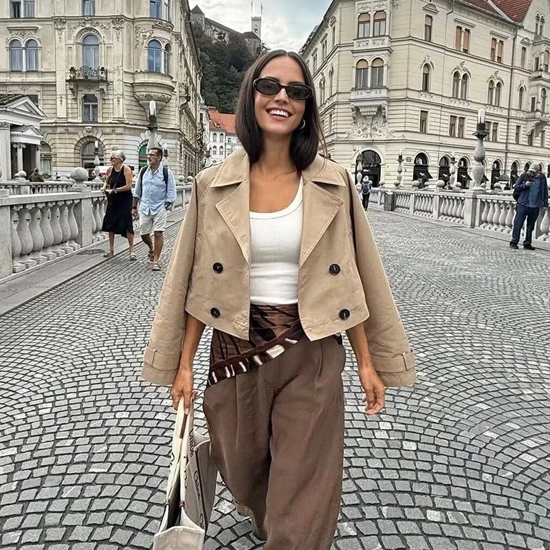 Women's Fashion Double Breasted Short Trench Coat Turn-down Collar Long Sleeve Coats Vintage Female Outerwear Chic Tops