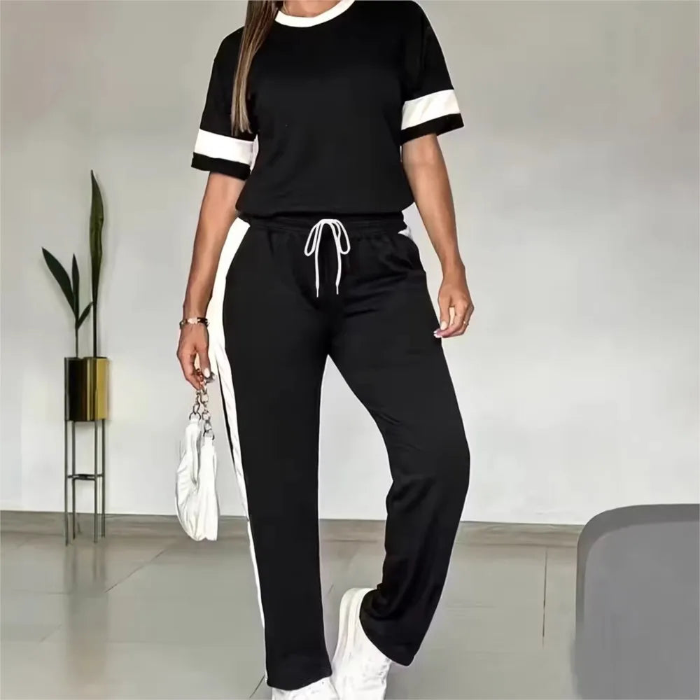 Spring Summer New Casual Sports T-shirt Short-sleeved Suit Women Fashion Splicing Side Stripes Simple Trousers 2 Piece Set 2026