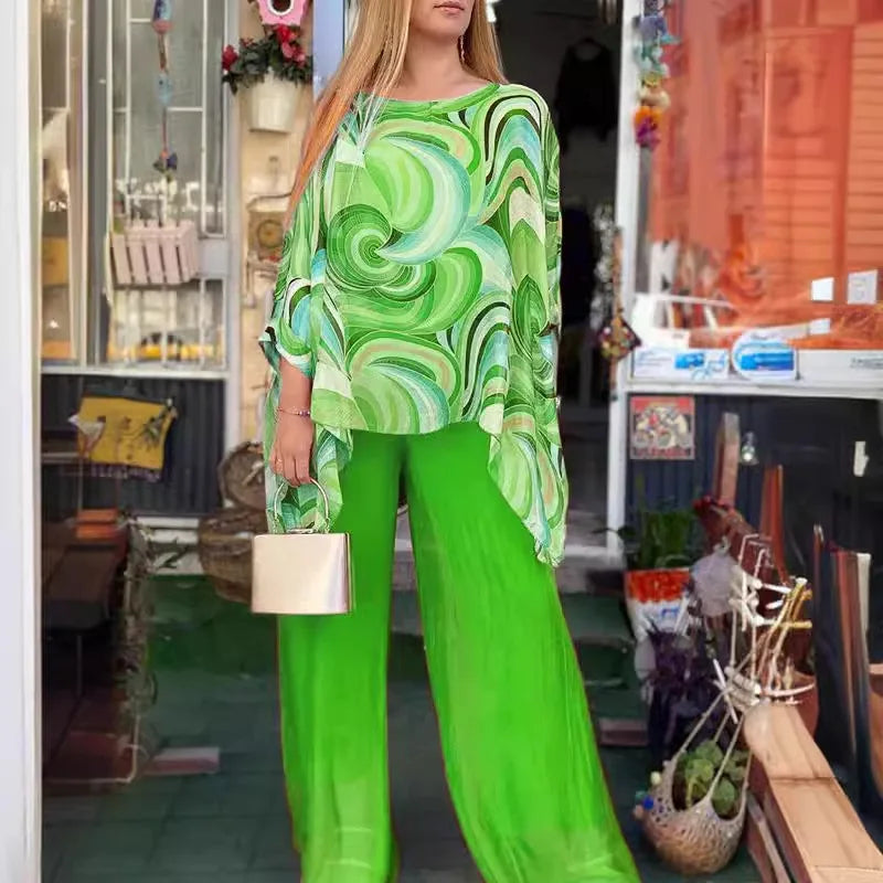 Women Fashion Trousers Two Piece Set For Women 2026 Summer Loose Casual Print Blouse Elegant 2 Piece Sets Woman Tops+Pants Suit