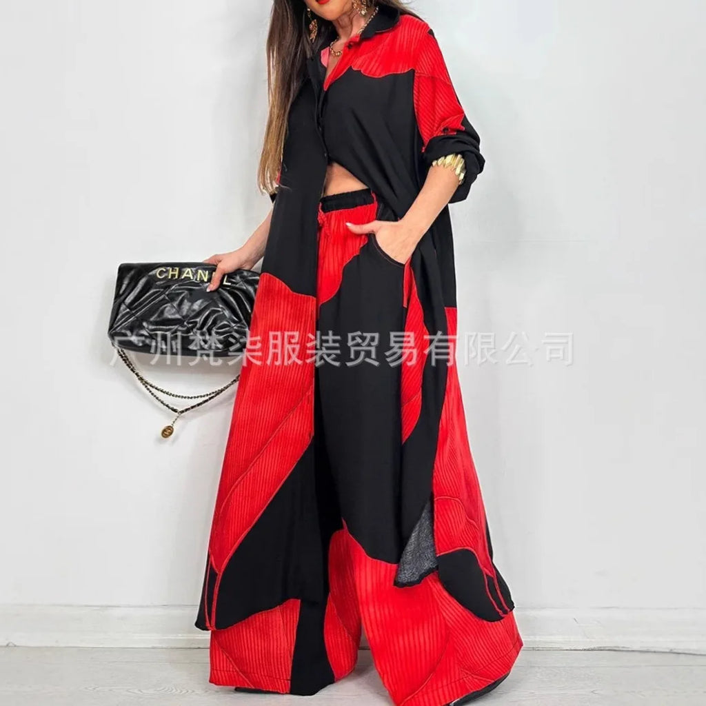Fashion Loose Printed Long Sleeve 2-piece Set Women's Single-breasted Cardigan Robe Wide-leg Pants Casual Two-piece Outfit Woman