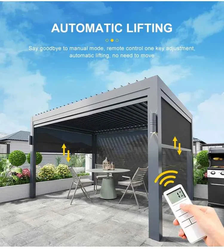 Pergola Electric rainproof garden louver aluminum pergola outdoor gazebo motorized sunshade backyard pergola with roller blinds