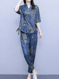 2026 New Korean Sets Women Summer Loose Short Sleeves Printing Tops+ Elastic Waist Pants 2PCS Female Retro Casual Suit Lady 5XL