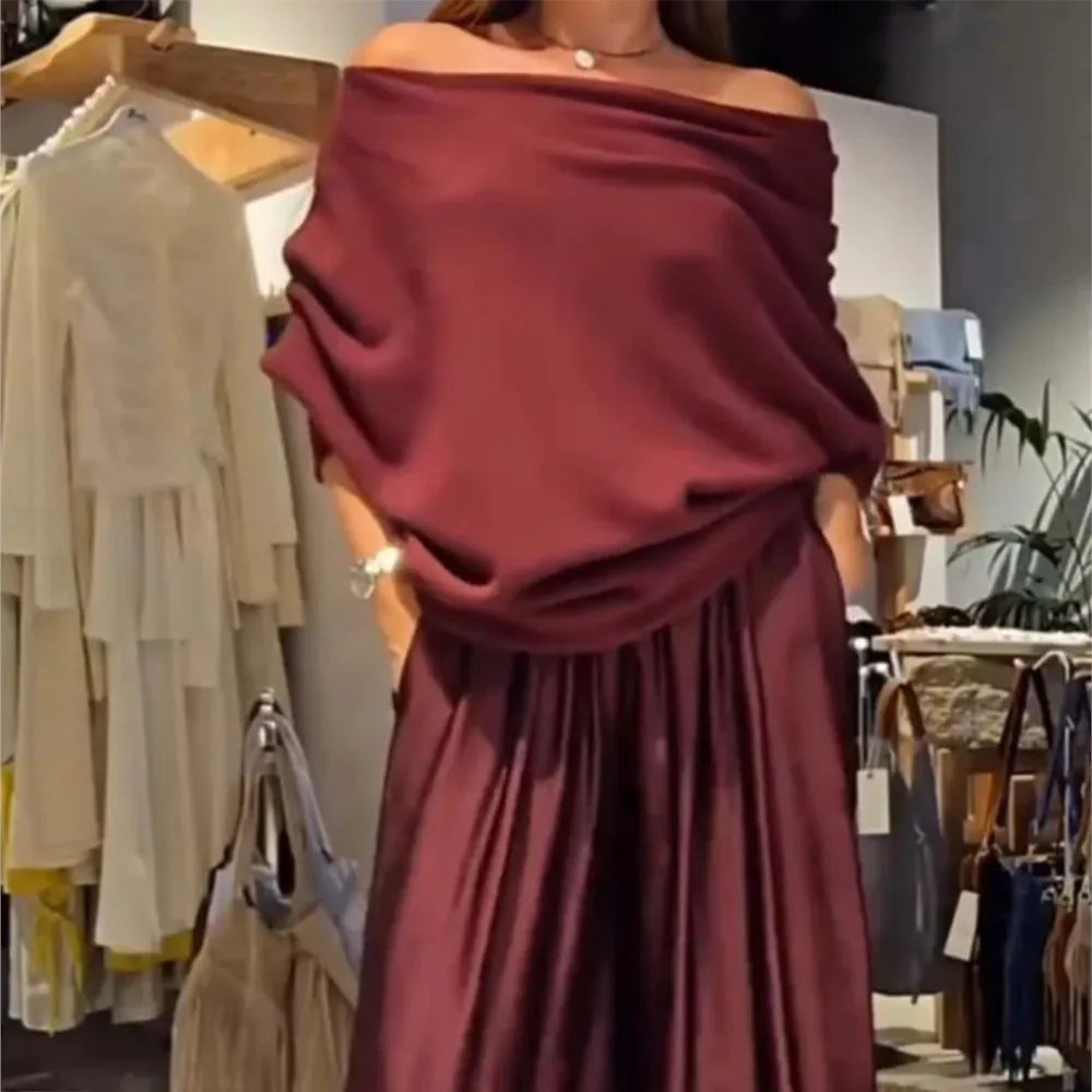 Fashion Satin Sexy Off-shoulder Women Long-sleeved T-shirt Trousers Suit Autumn Elegant Woman Loose Wide-leg Trousers 2piece Set
