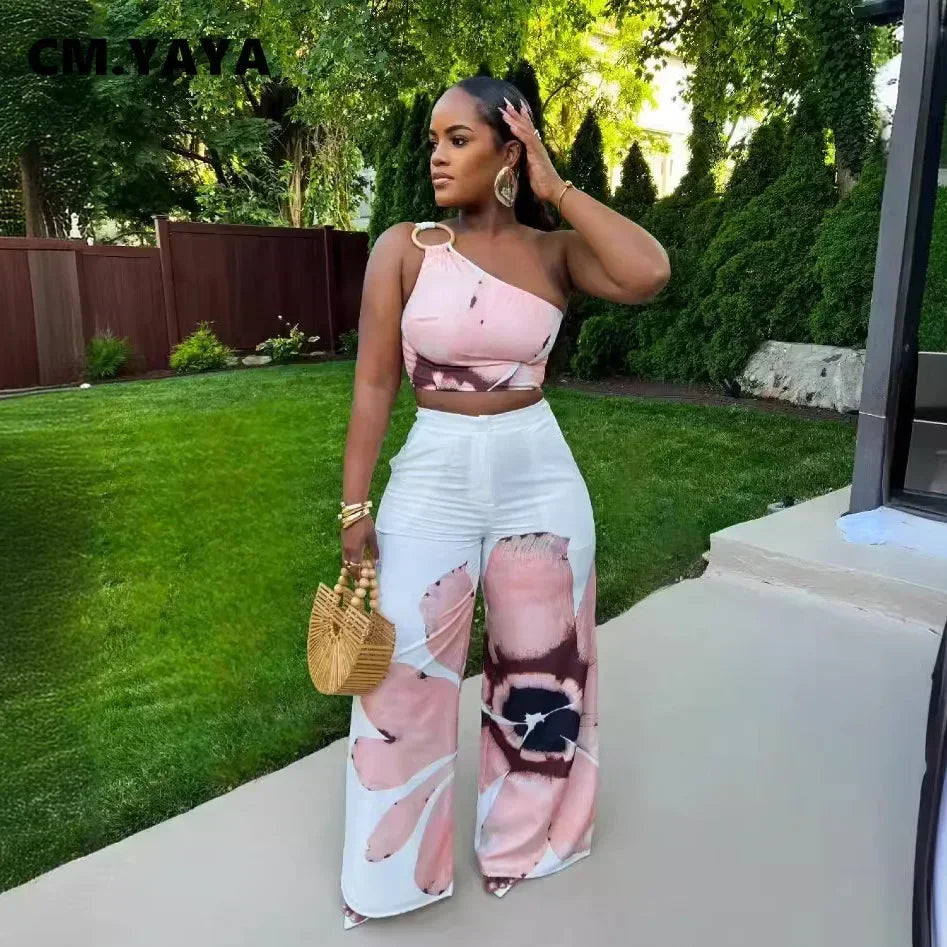 Women Set Floral Print Sleeveless Skew Collar Tops +Wide Leg Pants Two 2 Piece Set Outfit  Summer Street Tracksuit