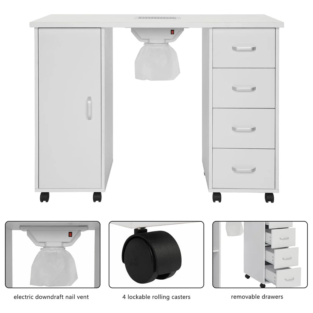 Manicure Nail Table, White Salon Desk with Dust Collector, 4 Drawers | Side Cabinet, Removable Drawers, Rolling, Customized