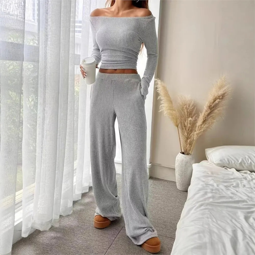 Fashion Knitted One-shoulder T-shirt Long-sleeved Women Trousers 2 Piece Set Autumn Casual Navel-baring Tops Home Wear Set Woman