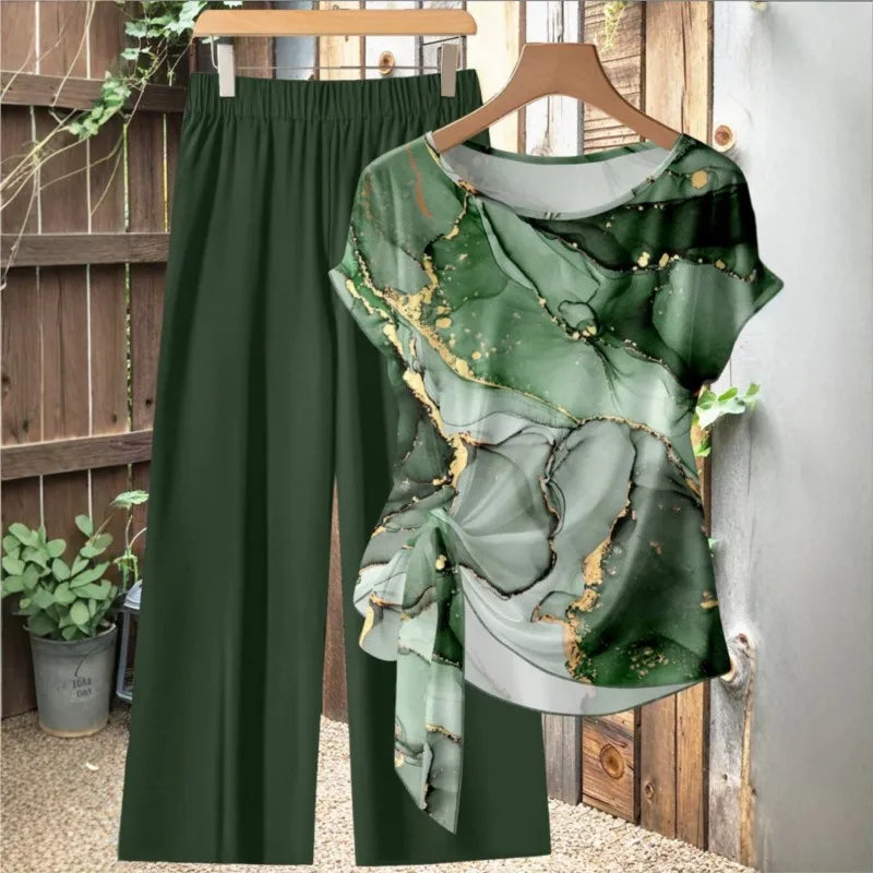 New Casual Printed Two Piece Set for Women O Neck Short Sleeve Ruffled Tops T-Shirt + Loose Wide Leg Pants Suits Summer 2026