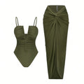 Vintage Green One Piece Swimsuit Long Skirt Sets 2026 Women V Neck Pleate Tummy Control Bathing Suit Holiday Swimwear Monokini